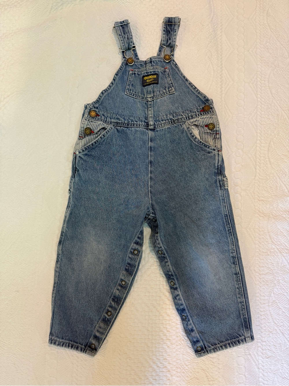 Vtg 90s OshKosh Denim Overalls 4T Striped Pocket Detail Snap Leg Philippines